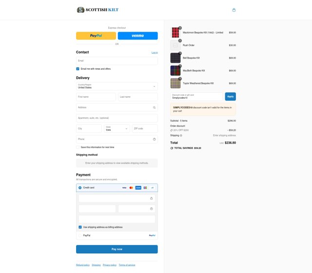 Scottish Kilt checkout page showing Scottish Kilt promo code box | Screenshot taken by SimplyCodes community member on Sep 3, 2025