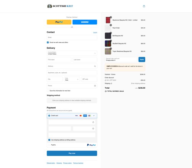 Scottish Kilt checkout page showing Scottish Kilt promo code box | Screenshot taken by SimplyCodes community member on Aug 4, 2025