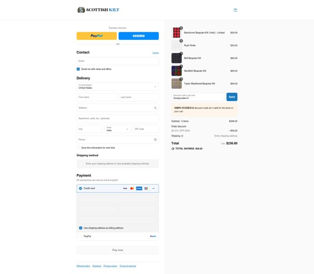 Scottish Kilt checkout page showing Scottish Kilt promo code box | Screenshot taken by SimplyCodes community member on Aug 21, 2025