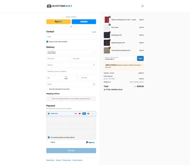 Scottish Kilt checkout page showing Scottish Kilt promo code box | Screenshot taken by SimplyCodes community member on Aug 8, 2025