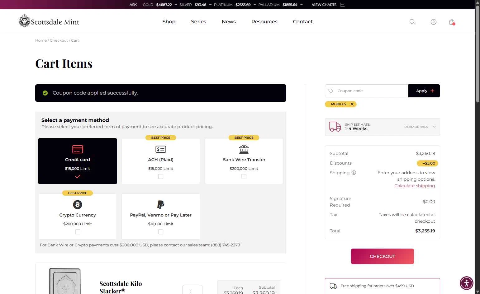 Scottsdale Mint checkout page showing Scottsdale Mint coupon code box | Screenshot taken by SimplyCodes community member on Jan 19, 2026