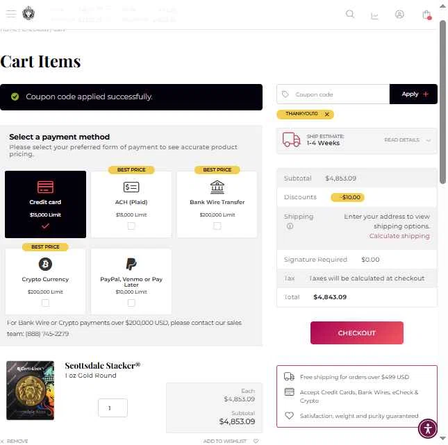 Scottsdale Mint checkout page showing Scottsdale Mint coupon code box | Screenshot taken by SimplyCodes community member on Jan 17, 2026