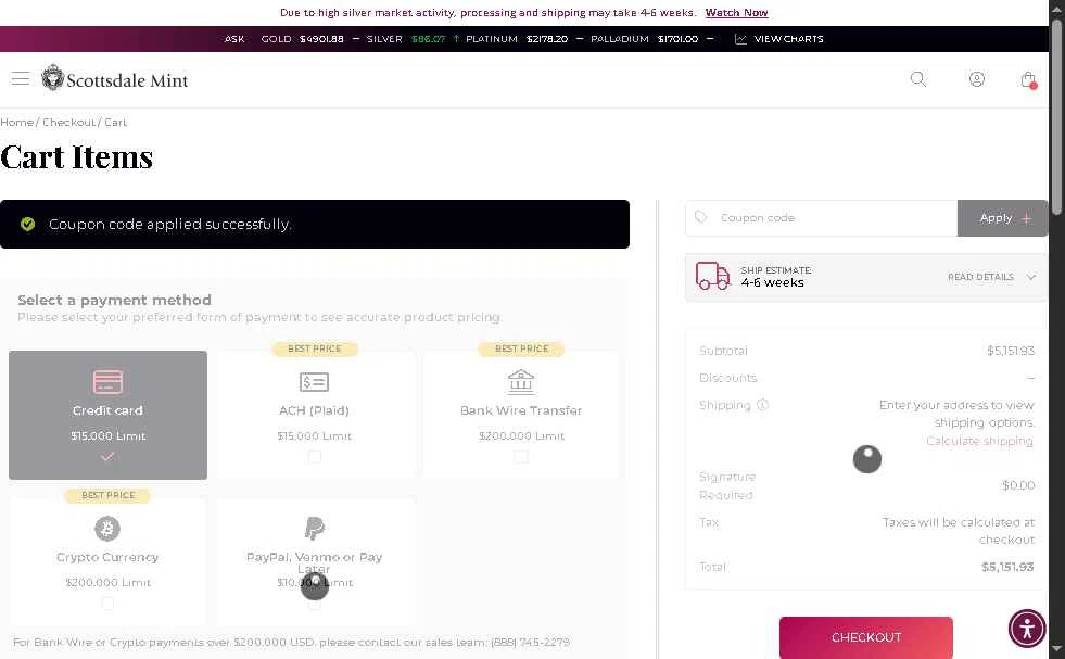 Scottsdale Mint checkout page showing Scottsdale Mint coupon code box | Screenshot taken by SimplyCodes community member on Jan 30, 2026