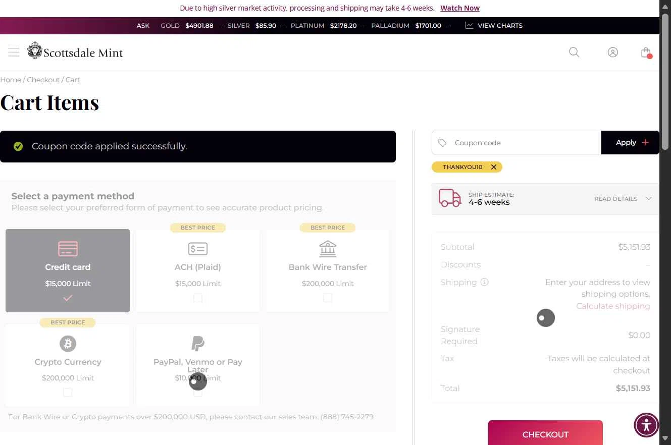 Scottsdale Mint checkout page showing Scottsdale Mint coupon code box | Screenshot taken by SimplyCodes community member on Jan 30, 2026