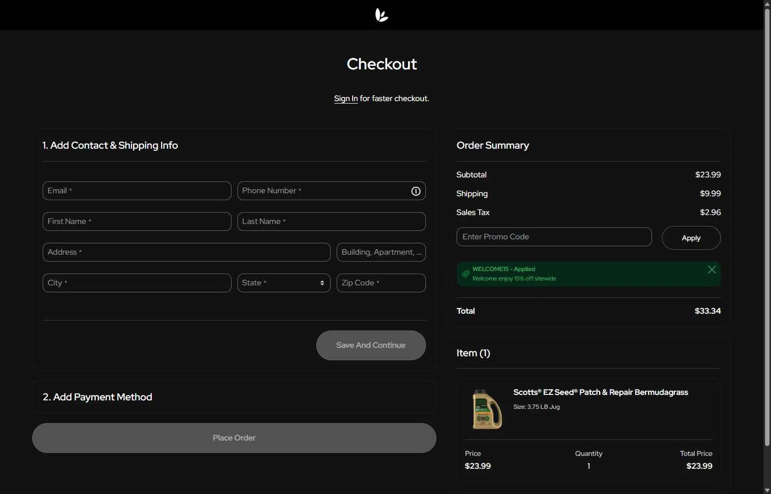 Scotts Lawn Care checkout page showing Scotts Lawn Care promo code box | Screenshot taken by SimplyCodes community member on Dec 30, 2025