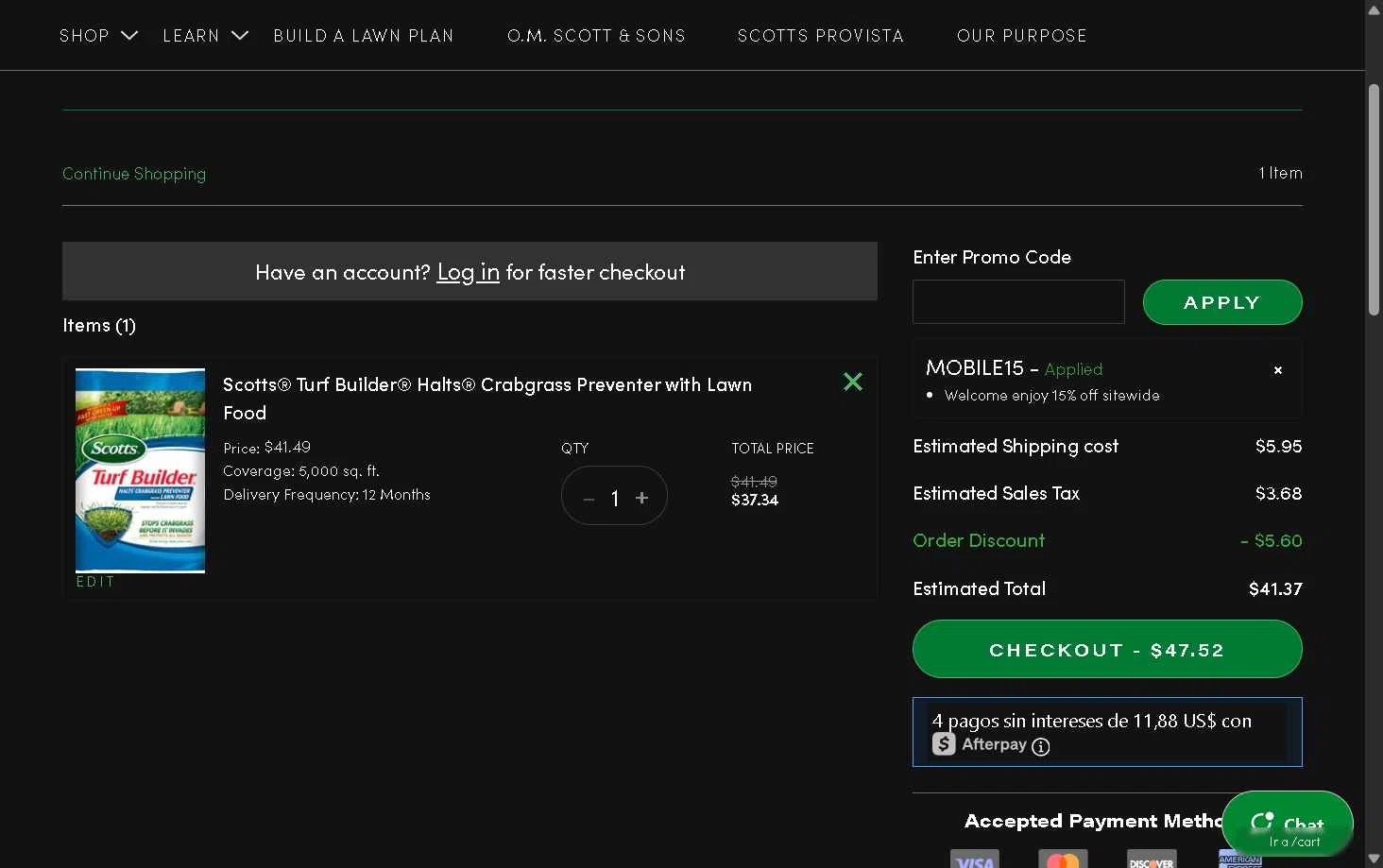 Scotts Lawn Care checkout page showing Scotts Lawn Care promo code box | Screenshot taken by SimplyCodes community member on Nov 19, 2025