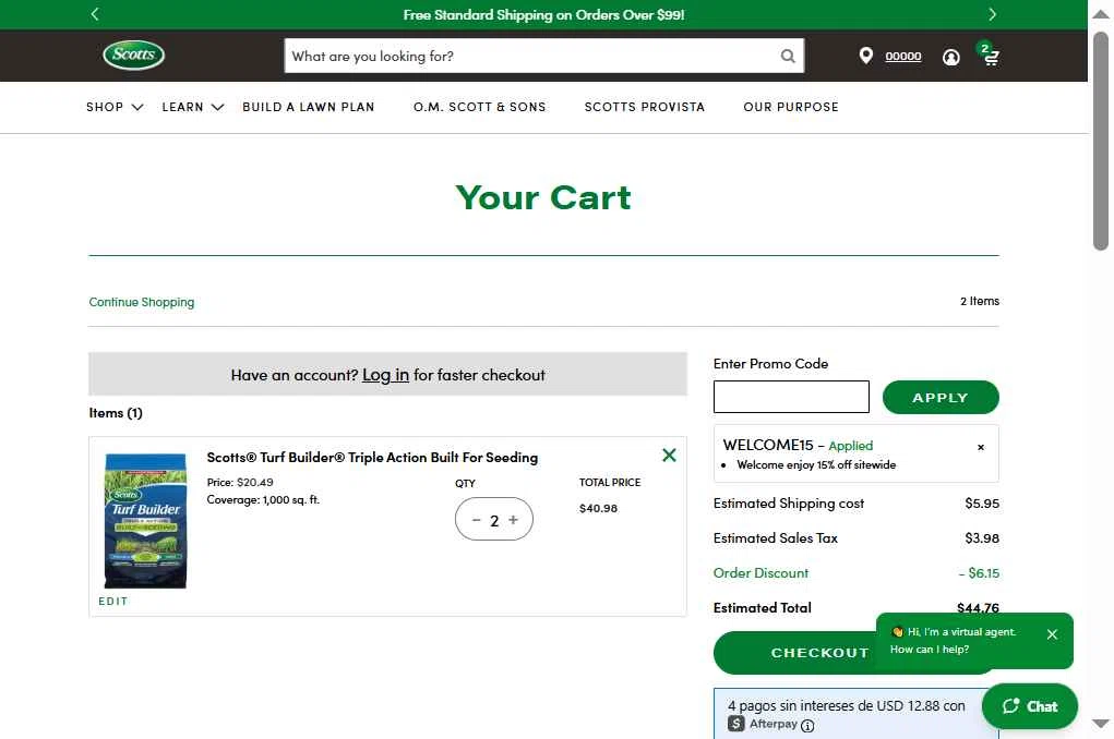 Scotts Lawn Care checkout page showing Scotts Lawn Care promo code box | Screenshot taken by SimplyCodes community member on Oct 17, 2025