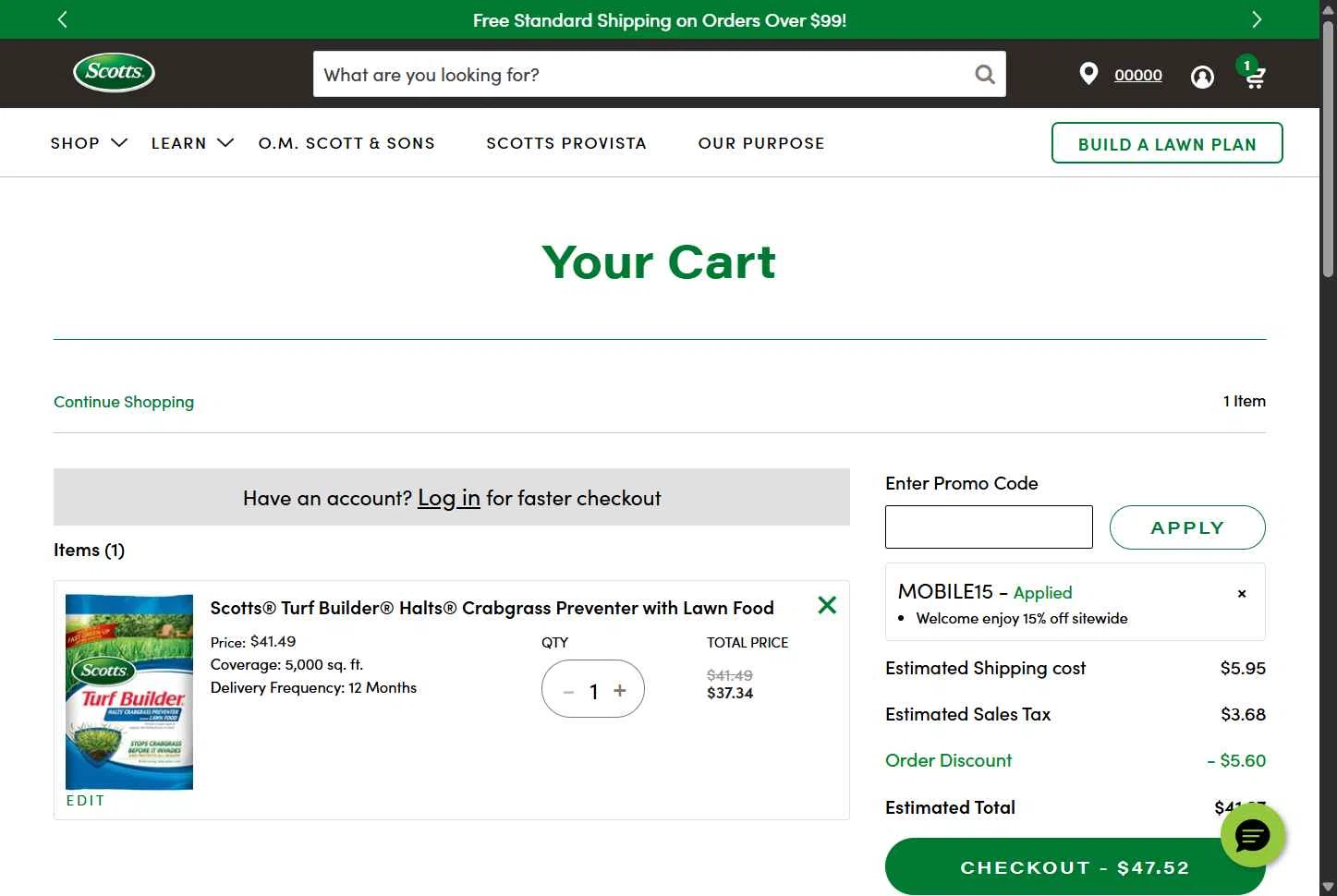 Scotts Lawn Care checkout page showing Scotts Lawn Care promo code box | Screenshot taken by SimplyCodes community member on Jul 13, 2025