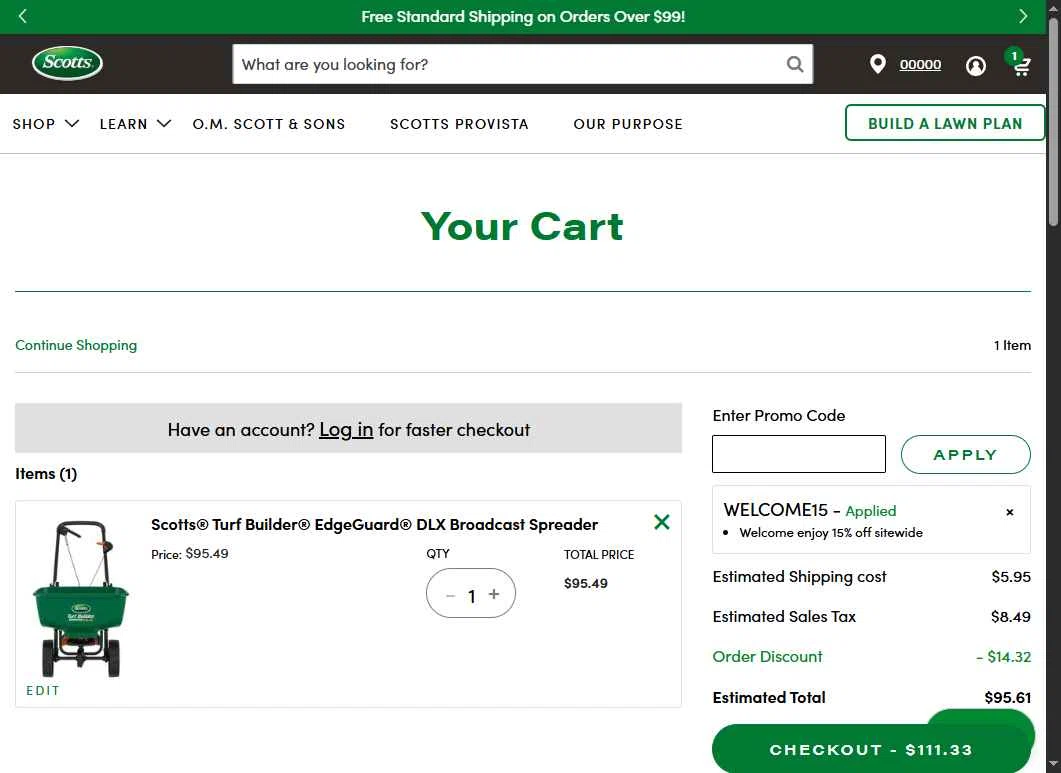 Scotts Lawn Care checkout page showing Scotts Lawn Care promo code box | Screenshot taken by SimplyCodes community member on Sep 9, 2025