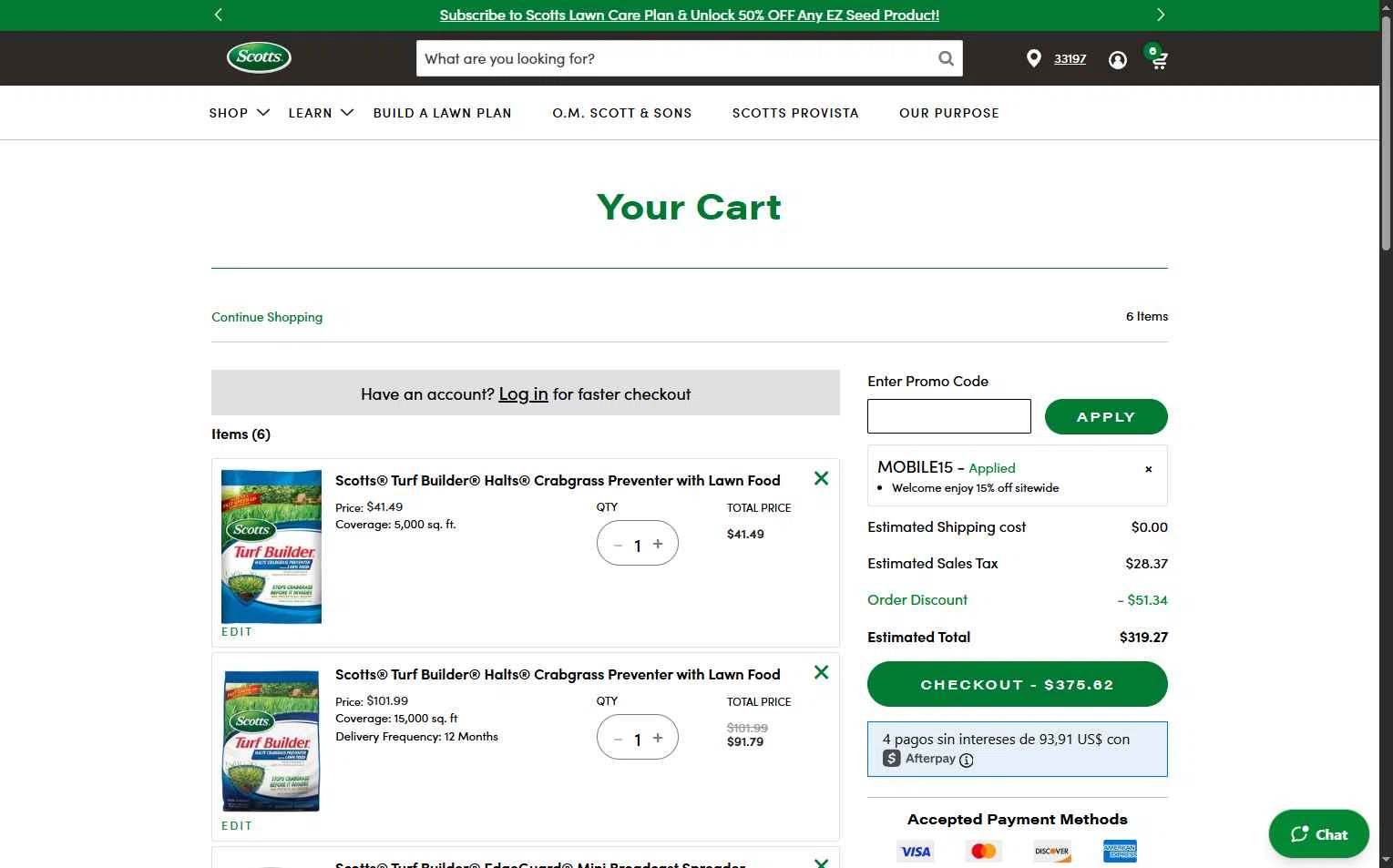 Scotts Lawn Care checkout page showing Scotts Lawn Care promo code box | Screenshot taken by SimplyCodes community member on Sep 6, 2025