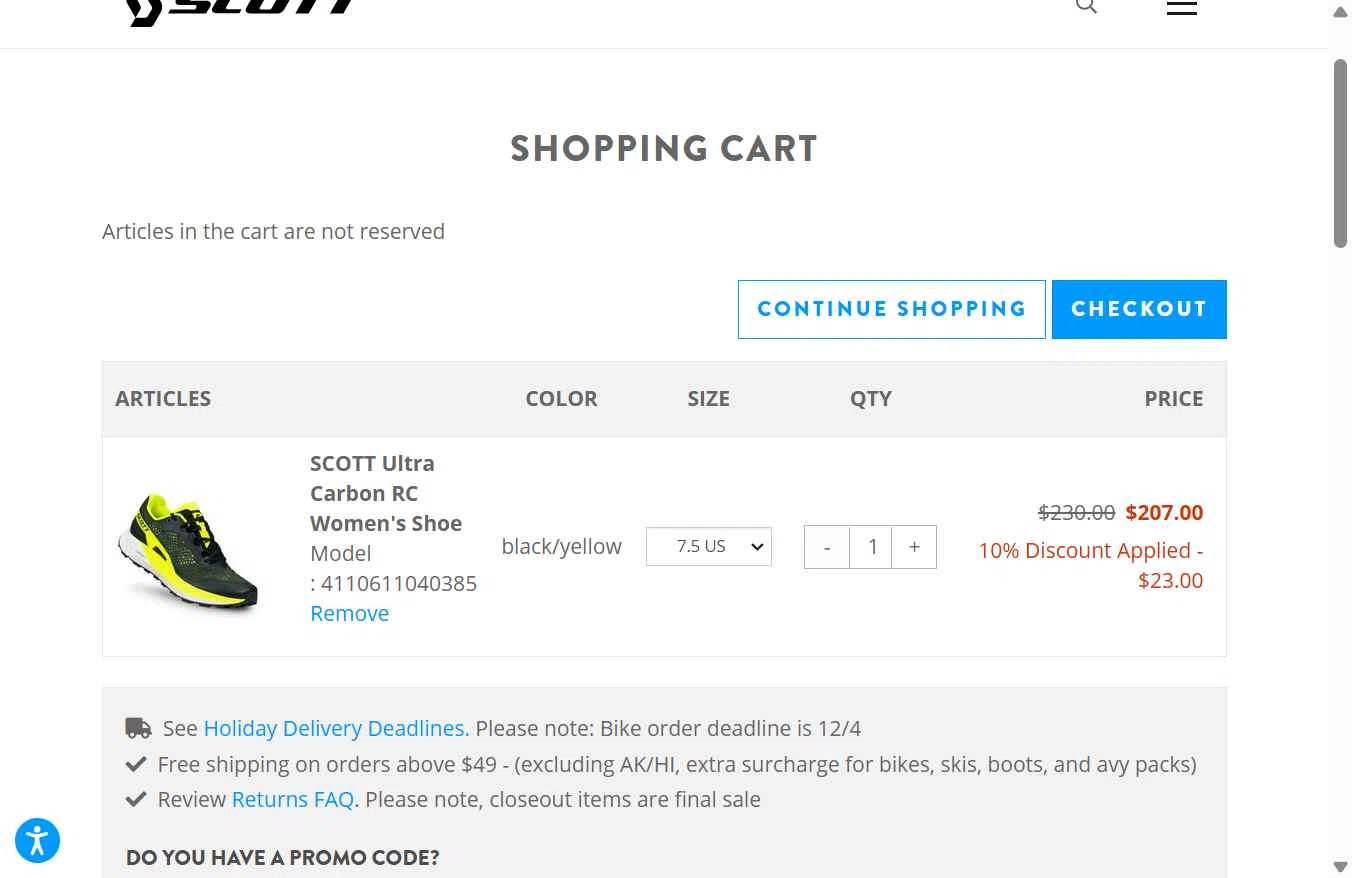 Scott Sports US checkout page showing Scott Sports US promo code box | Screenshot taken by SimplyCodes community member on Dec 5, 2025