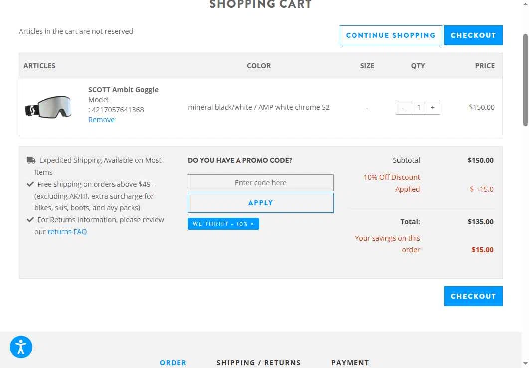 Scott Sports US checkout page showing Scott Sports US promo code box | Screenshot taken by SimplyCodes community member on Nov 13, 2025