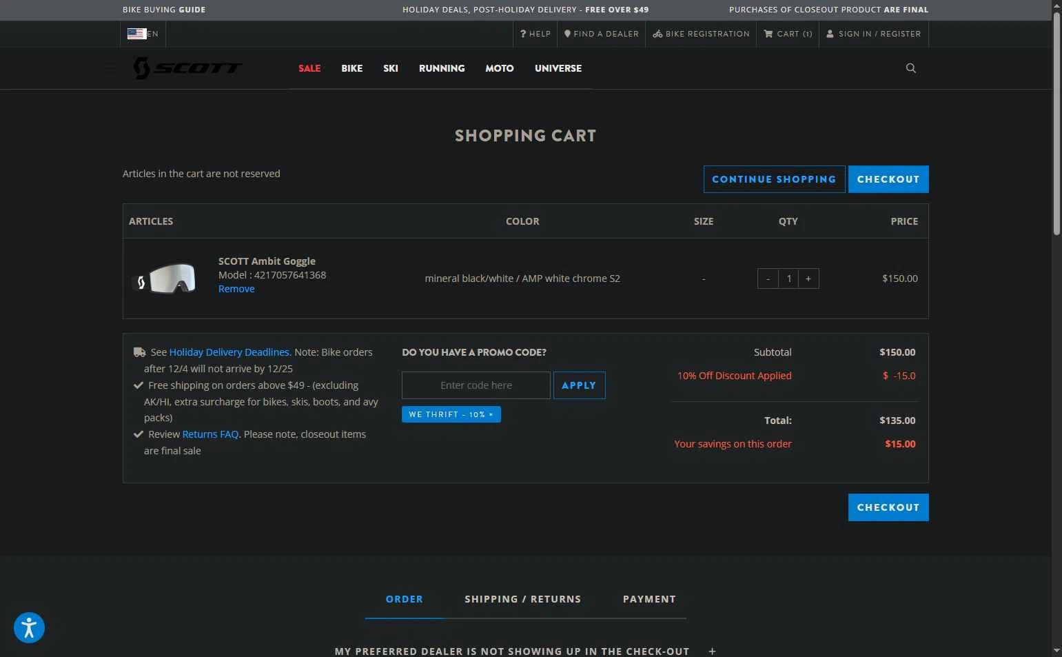 Scott Sports US checkout page showing Scott Sports US promo code box | Screenshot taken by SimplyCodes community member on Dec 26, 2025