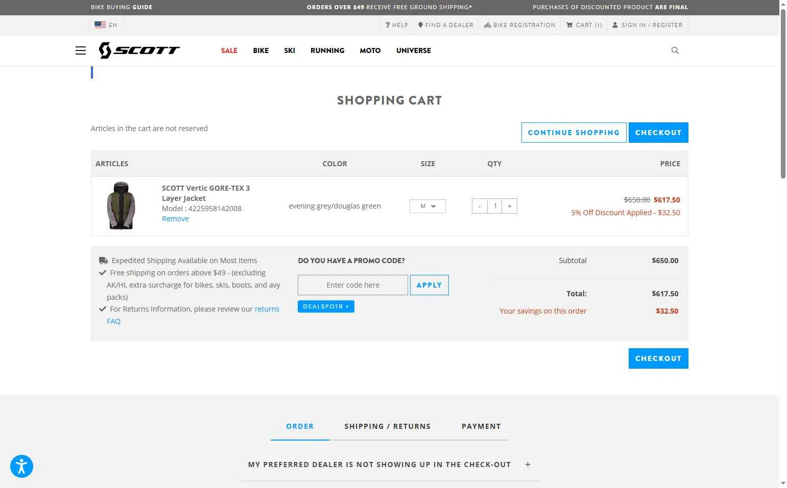 Scott Sports US checkout page showing Scott Sports US promo code box | Screenshot taken by SimplyCodes community member on Oct 14, 2025