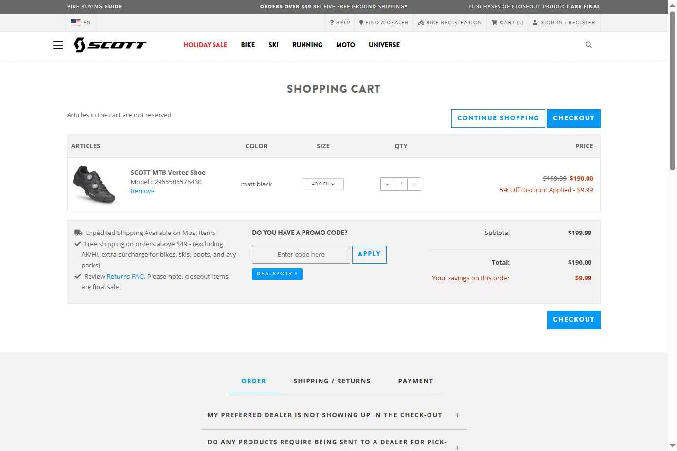 Scott Sports US checkout page showing Scott Sports US promo code box | Screenshot taken by SimplyCodes community member on Dec 3, 2025