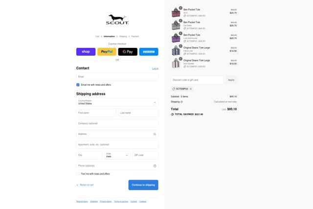 SCOUT Bags checkout page showing SCOUT Bags discount code box | Screenshot taken by SimplyCodes community member on Aug 30, 2025