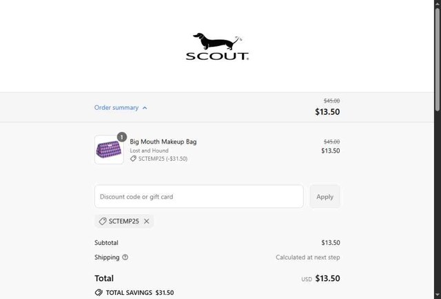 SCOUT Bags checkout page showing SCOUT Bags discount code box | Screenshot taken by SimplyCodes community member on Sep 4, 2025