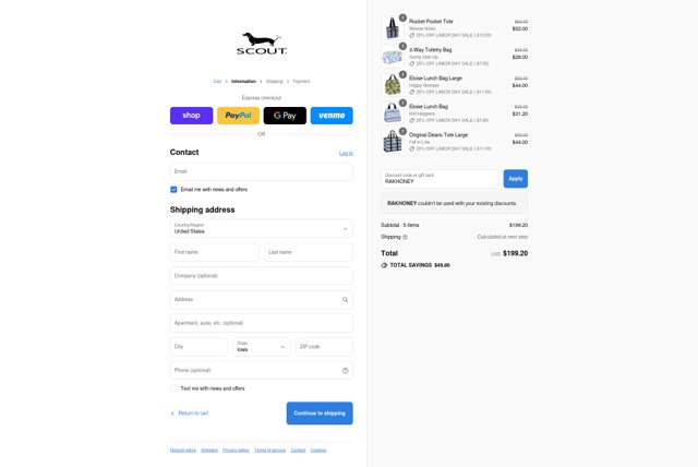 SCOUT Bags checkout page showing SCOUT Bags discount code box | Screenshot taken by SimplyCodes community member on Sep 4, 2025