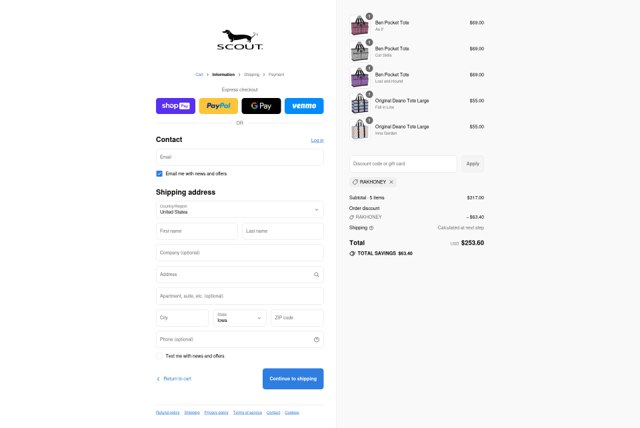 SCOUT Bags checkout page showing SCOUT Bags discount code box | Screenshot taken by SimplyCodes community member on Aug 22, 2025
