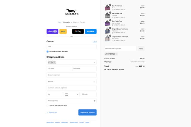 SCOUT Bags checkout page showing SCOUT Bags discount code box | Screenshot taken by SimplyCodes community member on Aug 27, 2025
