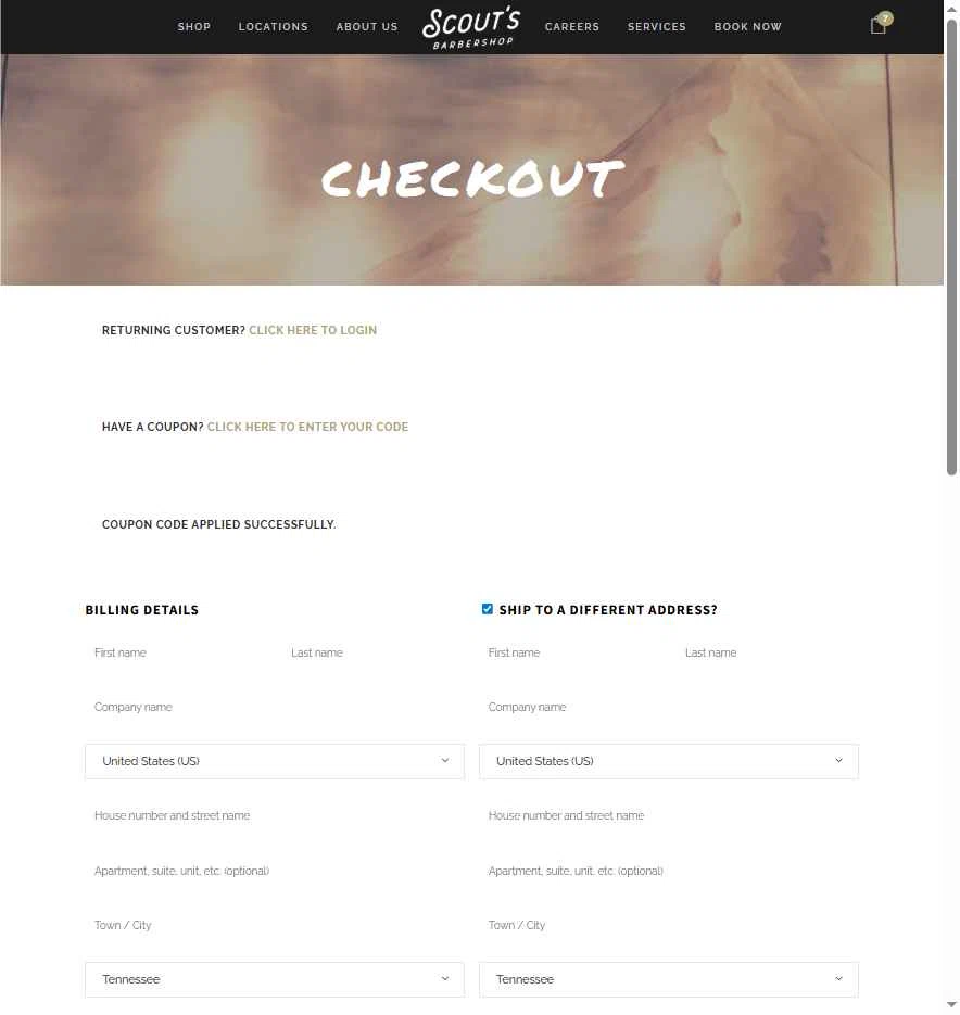 Scout's Barbershop checkout page showing Scout's Barbershop promo code box | Screenshot taken by SimplyCodes community member on Sep 9, 2025