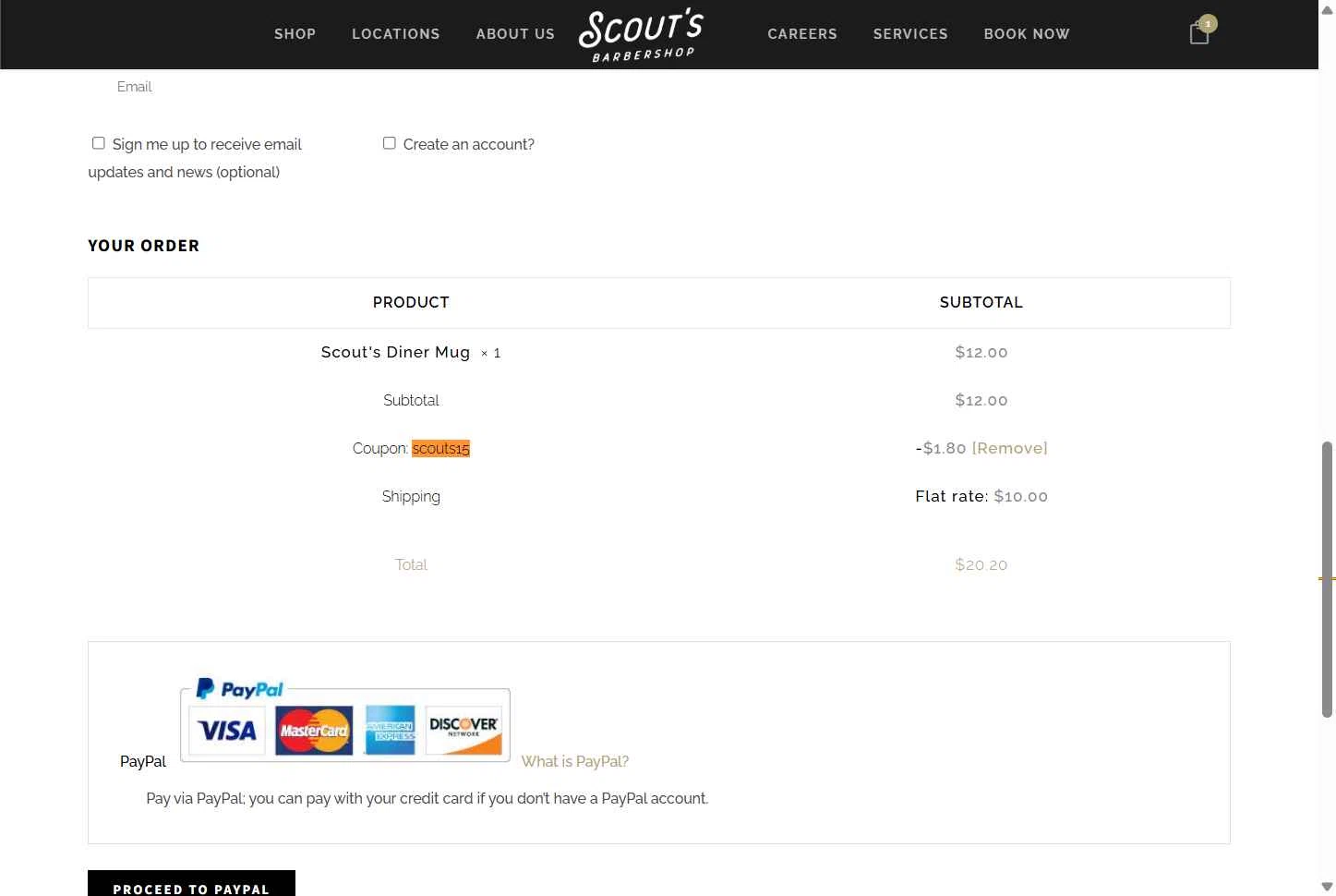Scout's Barbershop checkout page showing Scout's Barbershop promo code box | Screenshot taken by SimplyCodes community member on Dec 5, 2025