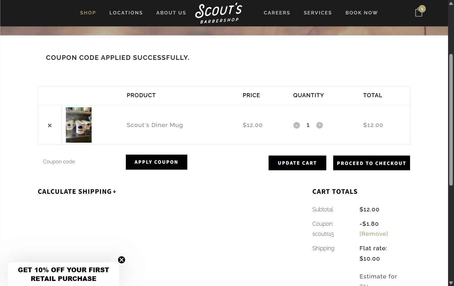 Scout's Barbershop checkout page showing Scout's Barbershop promo code box | Screenshot taken by SimplyCodes community member on Jul 27, 2025