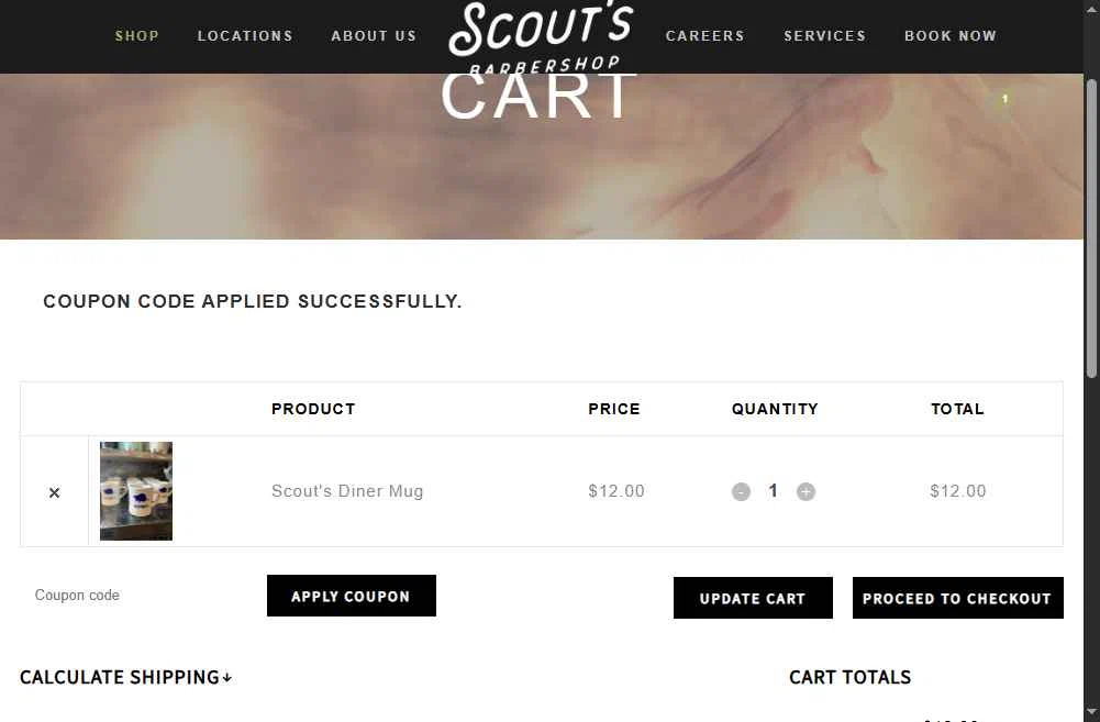 Scout's Barbershop checkout page showing Scout's Barbershop promo code box | Screenshot taken by SimplyCodes community member on Feb 12, 2026