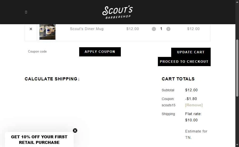 Scout's Barbershop checkout page showing Scout's Barbershop promo code box | Screenshot taken by SimplyCodes community member on Aug 6, 2025