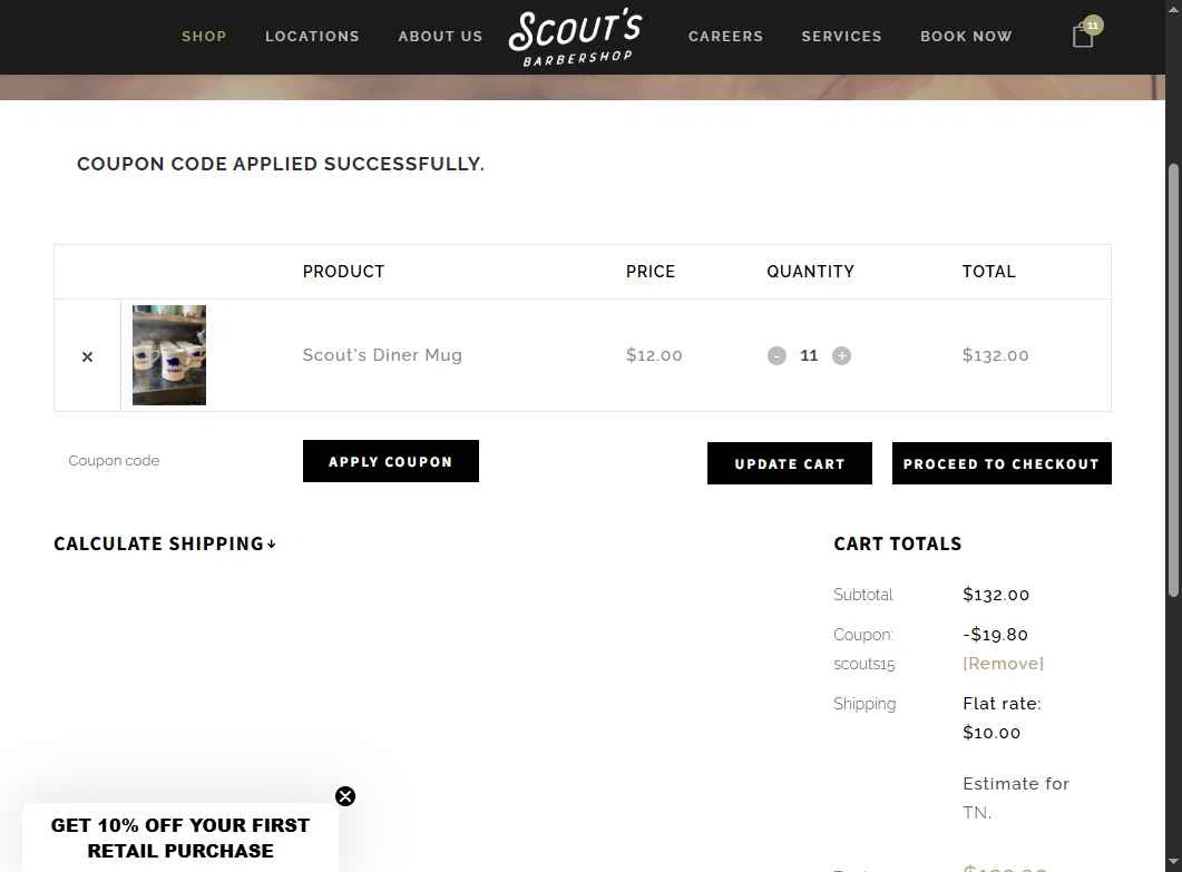 Scout's Barbershop checkout page showing Scout's Barbershop promo code box | Screenshot taken by SimplyCodes community member on Jul 16, 2025