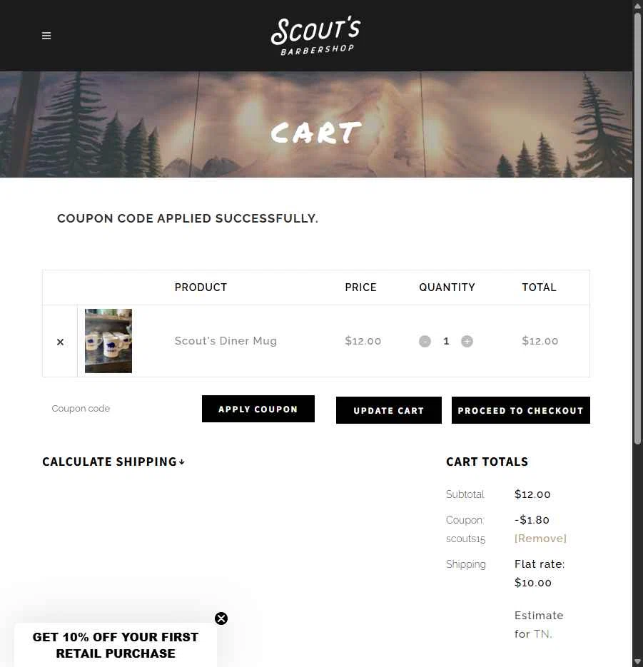 Scout's Barbershop checkout page showing Scout's Barbershop promo code box | Screenshot taken by SimplyCodes community member on Jul 8, 2025