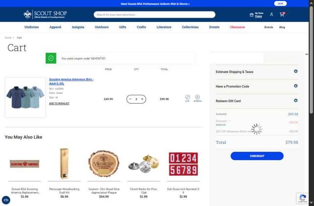 Scout Shop checkout page showing Scout Shop promo code box | Screenshot taken by SimplyCodes community member on Aug 28, 2025