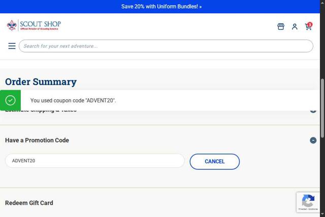 Scout Shop checkout page showing Scout Shop promo code box | Screenshot taken by SimplyCodes community member on Sep 11, 2025