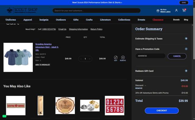 Scout Shop checkout page showing Scout Shop promo code box | Screenshot taken by SimplyCodes community member on Sep 1, 2025