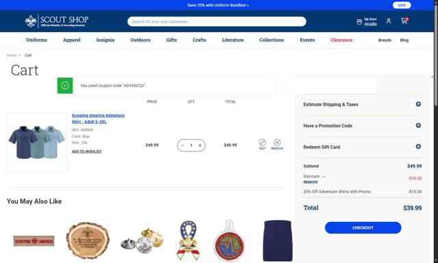 Scout Shop checkout page showing Scout Shop promo code box | Screenshot taken by SimplyCodes community member on Sep 14, 2025