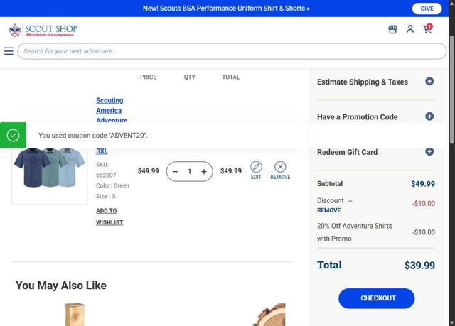 Scout Shop checkout page showing Scout Shop promo code box | Screenshot taken by SimplyCodes community member on Aug 24, 2025