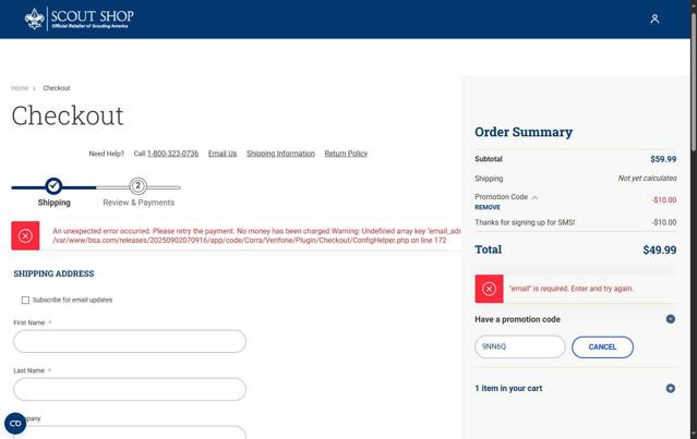 Scout Shop checkout page showing Scout Shop promo code box | Screenshot taken by SimplyCodes community member on Sep 15, 2025