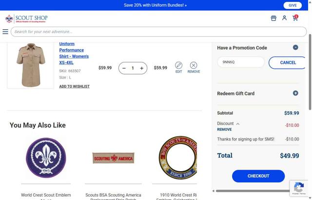 Scout Shop checkout page showing Scout Shop promo code box | Screenshot taken by SimplyCodes community member on Sep 14, 2025