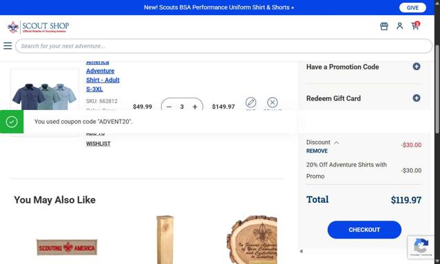 Scout Shop checkout page showing Scout Shop promo code box | Screenshot taken by SimplyCodes community member on Aug 21, 2025