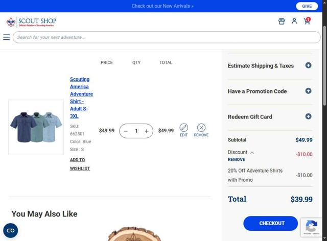 Scout Shop checkout page showing Scout Shop promo code box | Screenshot taken by SimplyCodes community member on Sep 7, 2025