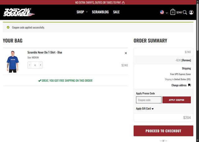 Scramble checkout page showing Scramble promo code box | Screenshot taken by SimplyCodes community member on Aug 9, 2025