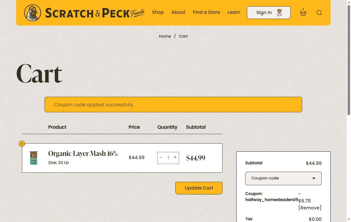 Scratch and Peck Feeds checkout page showing Scratch and Peck Feeds promo code box | Screenshot taken by SimplyCodes community member on Jan 17, 2026