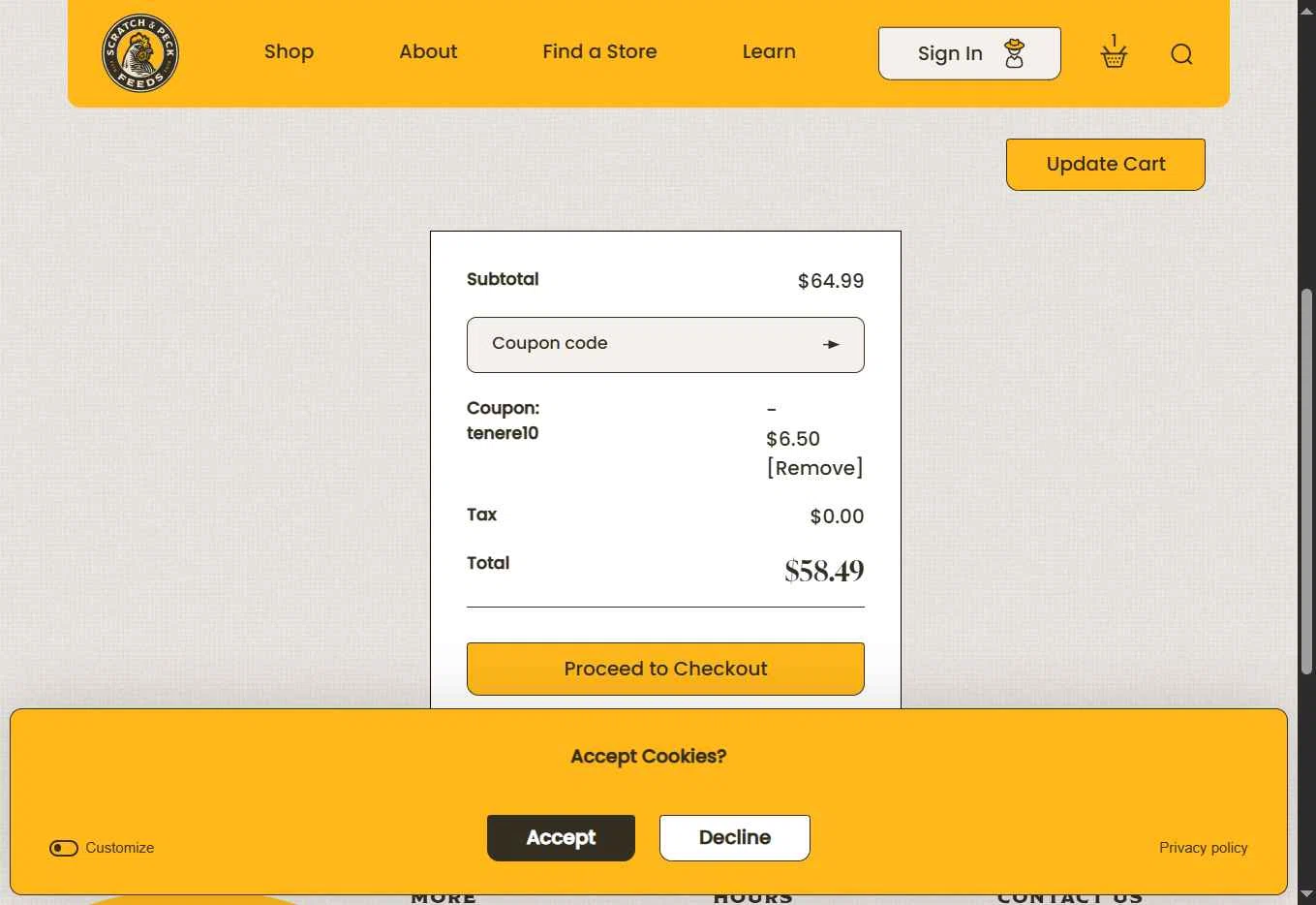 Scratch and Peck Feeds checkout page showing Scratch and Peck Feeds promo code box | Screenshot taken by SimplyCodes community member on Jan 23, 2026