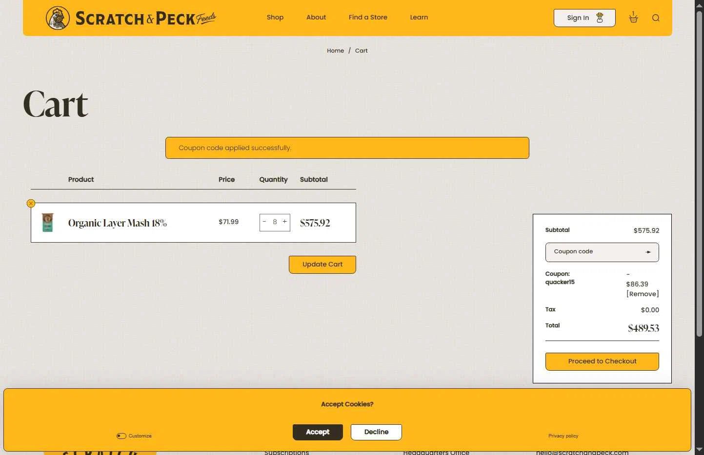 Scratch and Peck Feeds checkout page showing Scratch and Peck Feeds promo code box | Screenshot taken by SimplyCodes community member on Feb 2, 2026