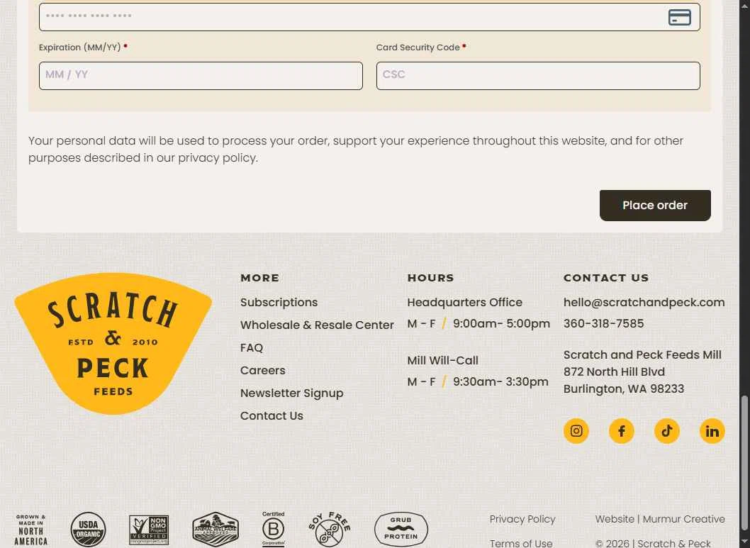 Scratch and Peck Feeds checkout page showing Scratch and Peck Feeds promo code box | Screenshot taken by SimplyCodes community member on Jan 30, 2026