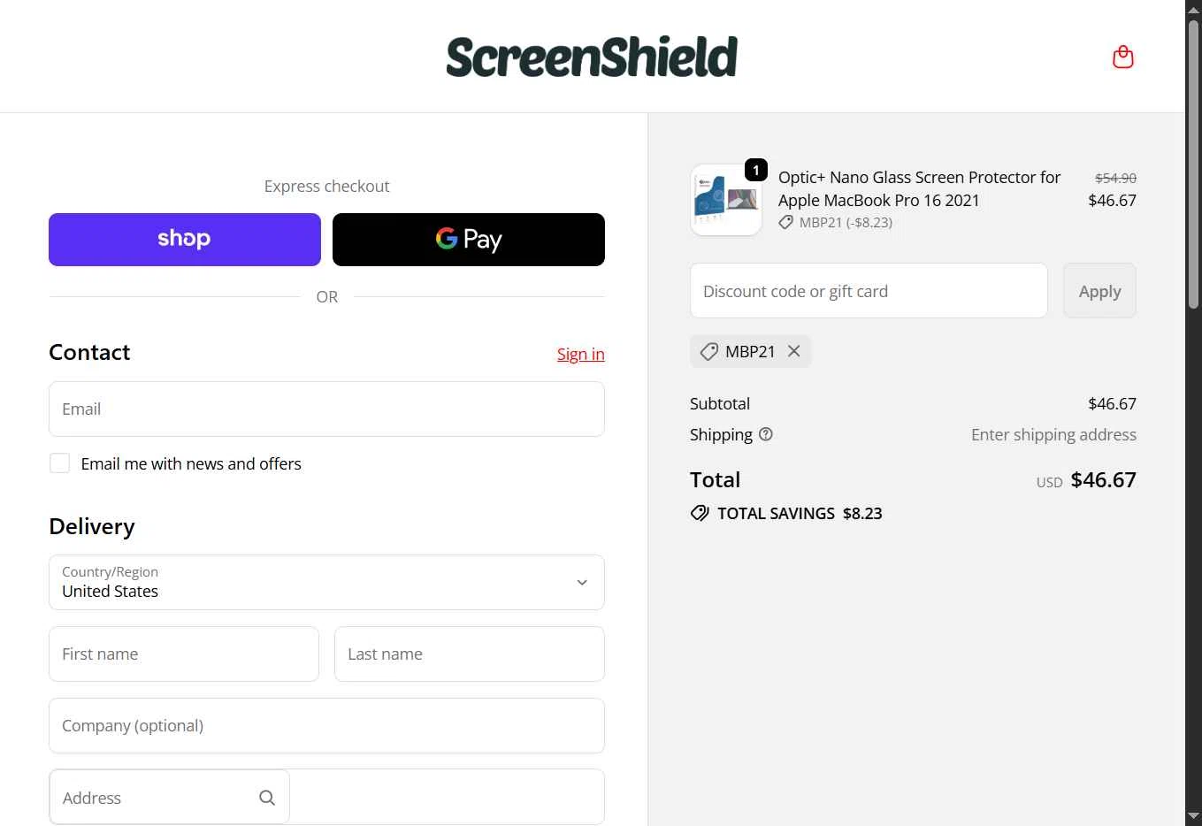 ScreenShield checkout page showing ScreenShield discount code box | Screenshot taken by SimplyCodes community member on Jan 23, 2026