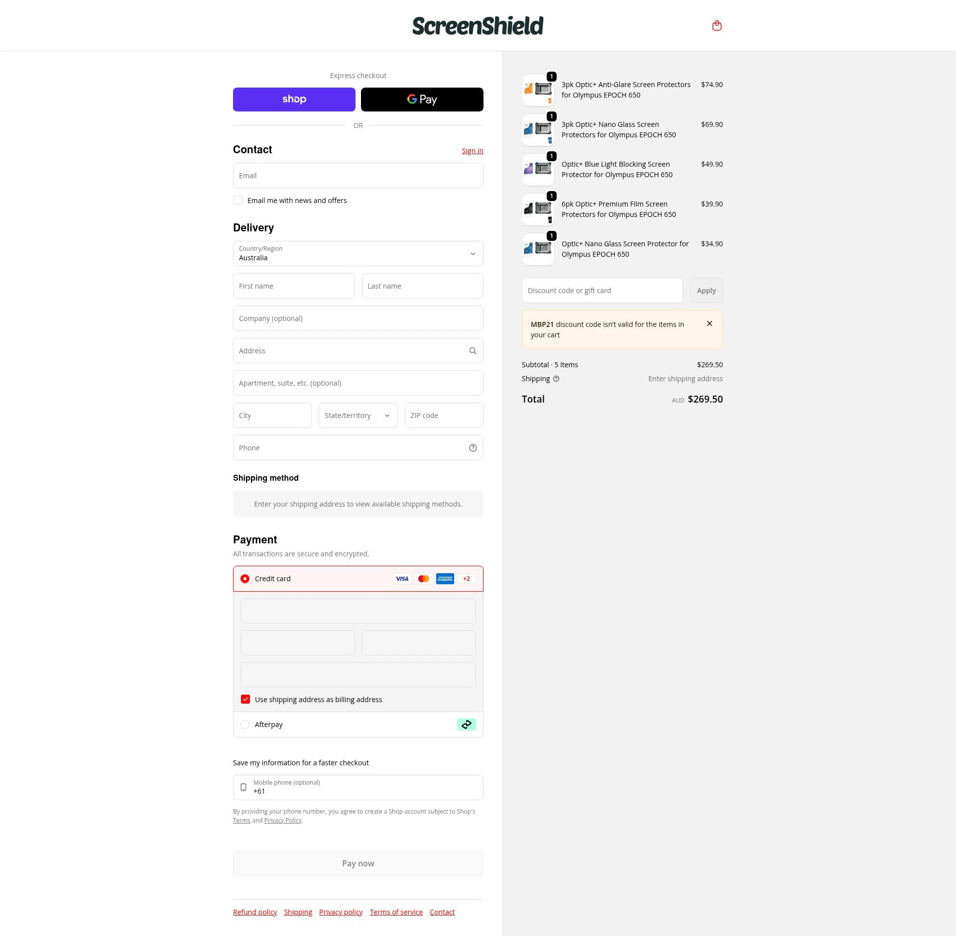 ScreenShield checkout page showing ScreenShield discount code box | Screenshot taken by SimplyCodes community member on Feb 1, 2026