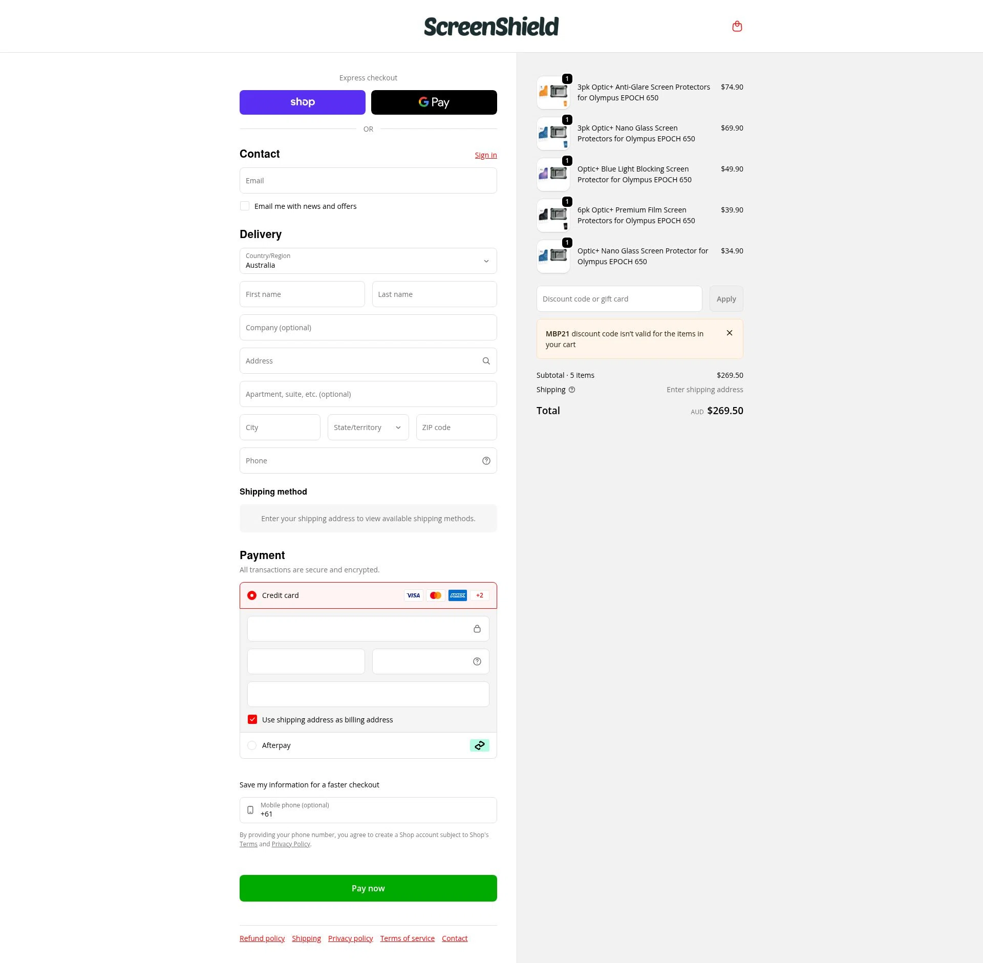 ScreenShield checkout page showing ScreenShield discount code box | Screenshot taken by SimplyCodes community member on Feb 13, 2026
