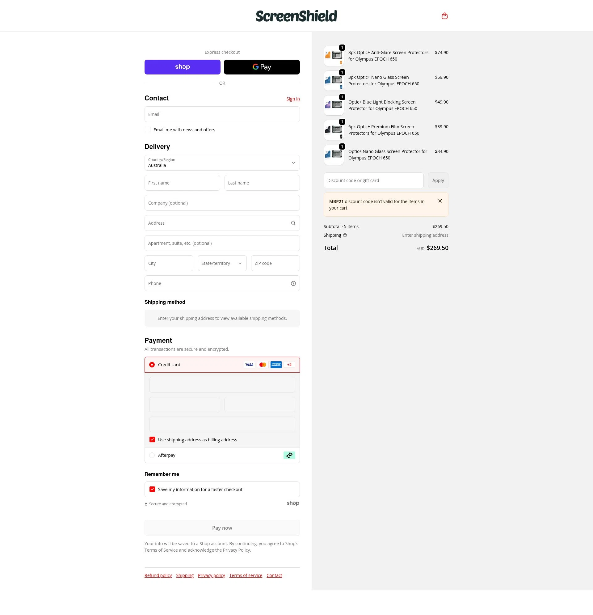 ScreenShield checkout page showing ScreenShield discount code box | Screenshot taken by SimplyCodes community member on Jan 28, 2026