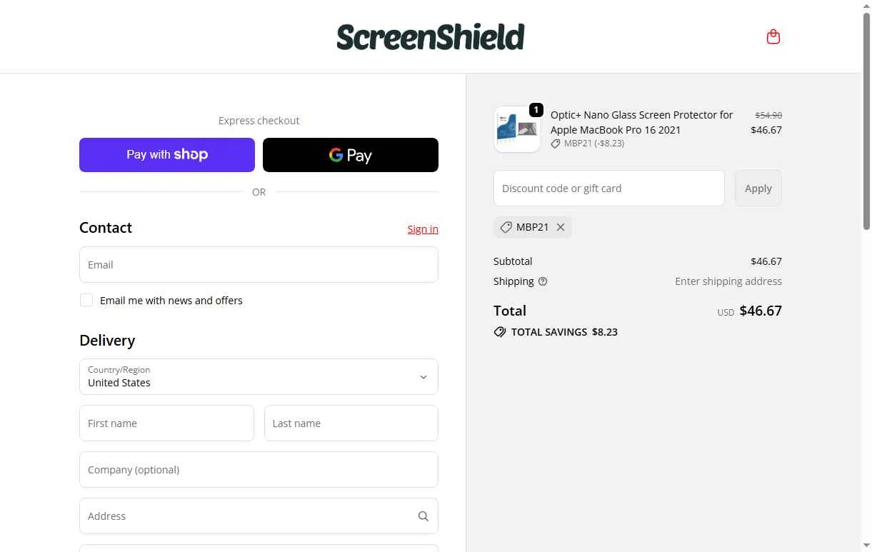 ScreenShield checkout page showing ScreenShield discount code box | Screenshot taken by SimplyCodes community member on Jan 11, 2026